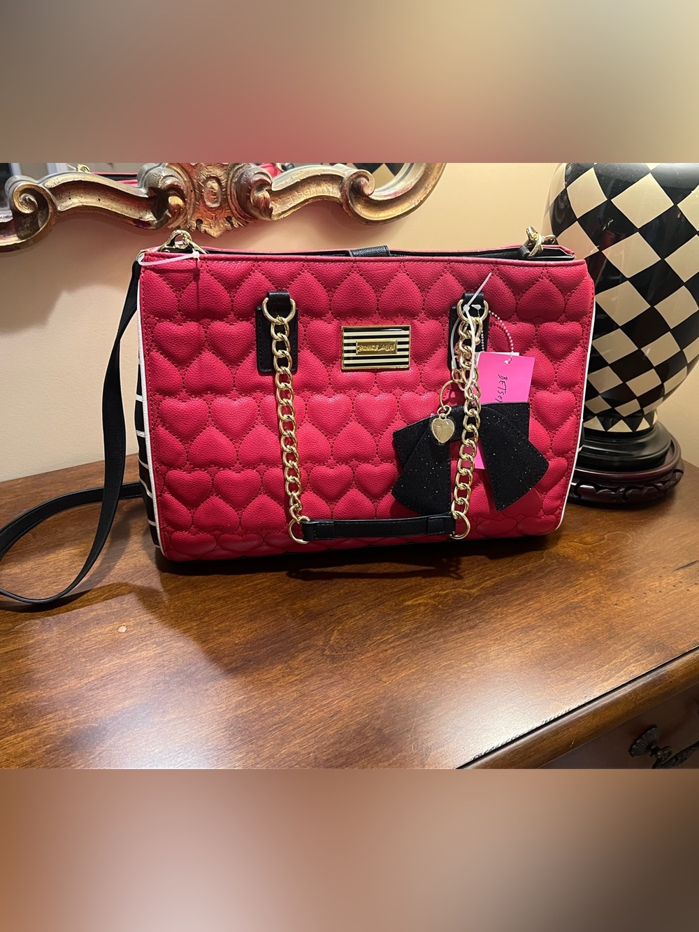 NWT Betsey Johnson Red Quilted Heart Shoulder Tote with Gold Chain Handles